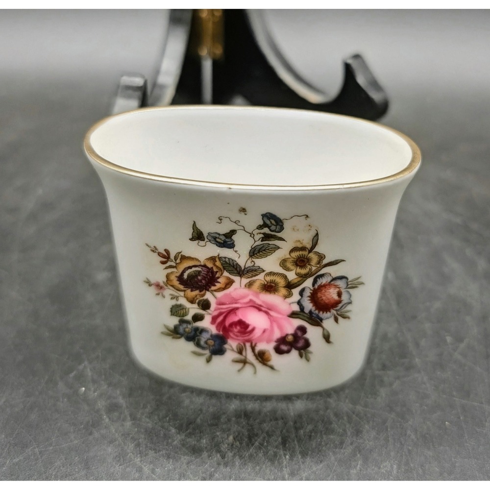 Royal Worcester Fine Bone China Floral Toothpick Holder Gold Rim England Oval